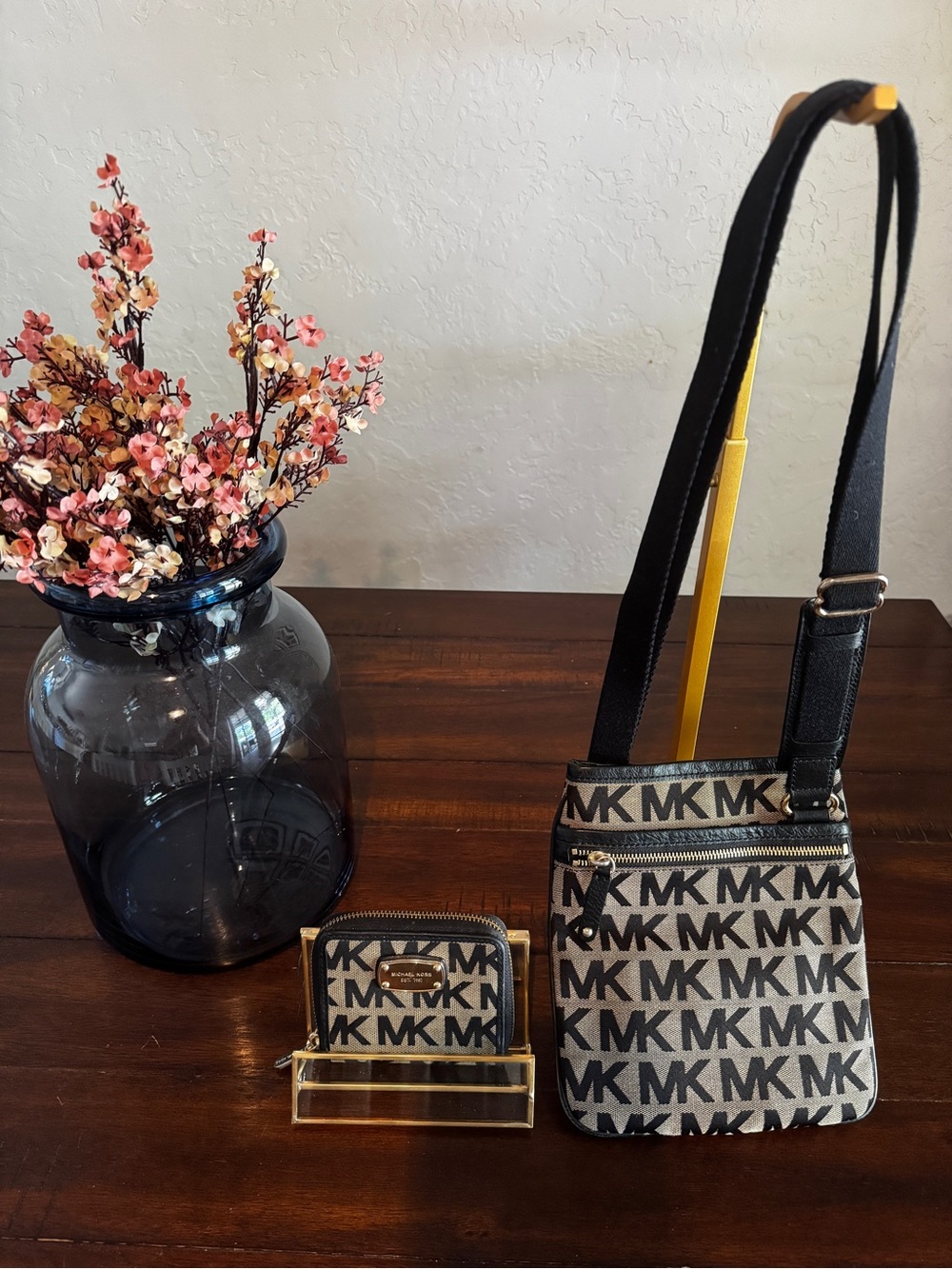 Michael Kors Beige and Black MK Logo Crossbody with Matching Wallet